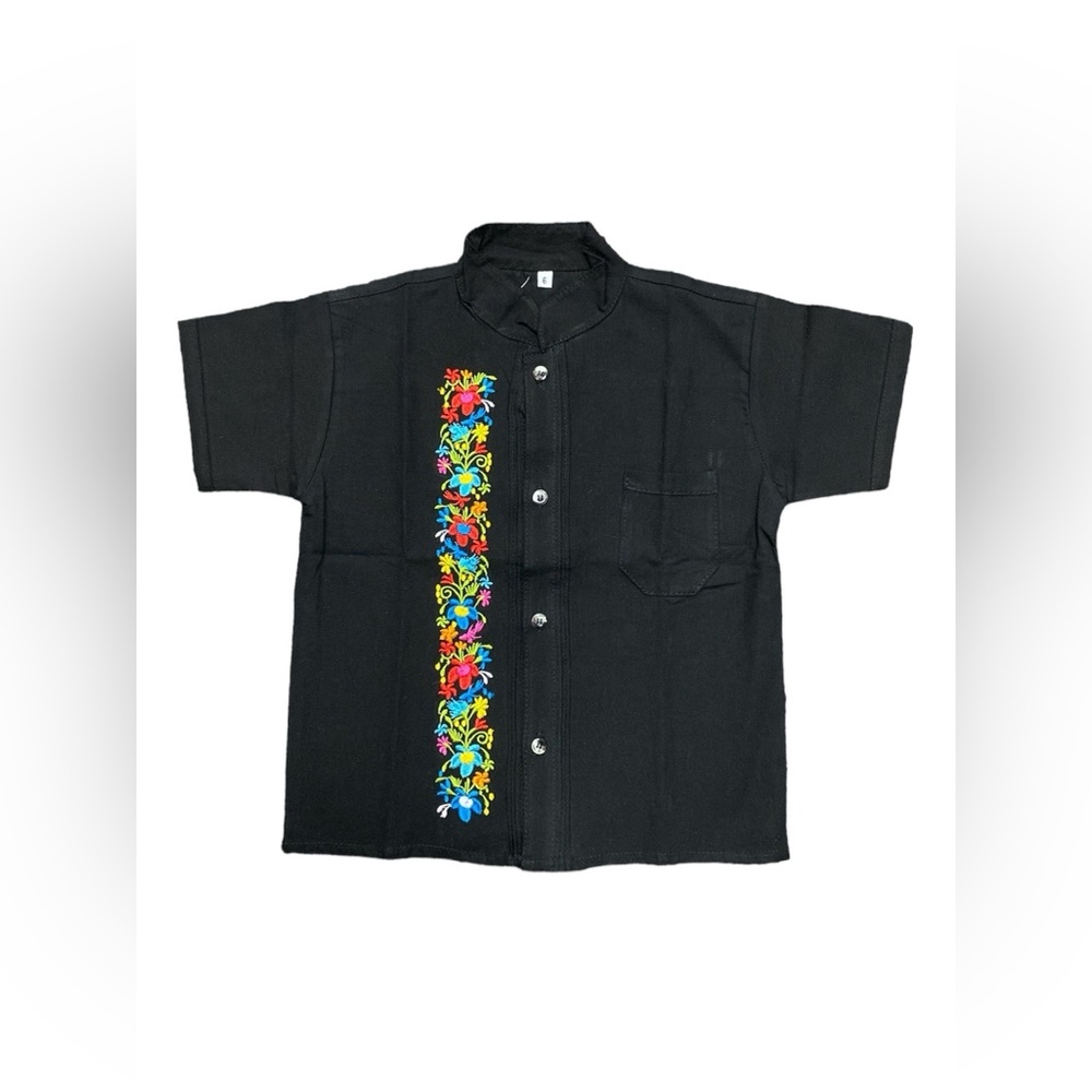 Cancún Mexican Boys Black Linen Guayabera with Floral Embroidery